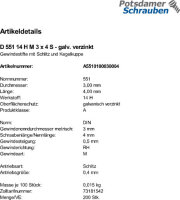 200 Schlitz Gewindestifte DIN 551 14H verzinkt M3x4