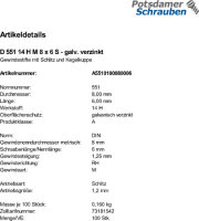 100 Schlitz Gewindestifte DIN 551 14H verzinkt M8x6