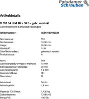 100 Schlitz Gewindestifte DIN 551 14H verzinkt M10x30