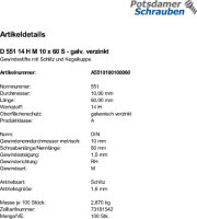 100 Schlitz Gewindestifte DIN 551 14H verzinkt M10x60