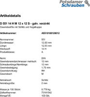 100 Schlitz Gewindestifte DIN 551 14H verzinkt M12x12