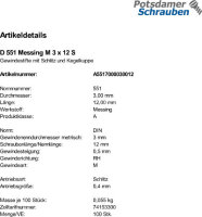 100 Schlitz Gewindestifte DIN 551 Messing M3x12