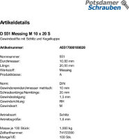 100 Schlitz Gewindestifte DIN 551 Messing M10x20