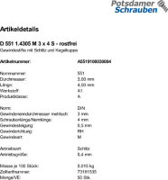50 Edelstahl A1 Schlitz Gewindestifte DIN 551 1.4305 M3x4