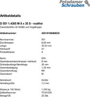 25 Edelstahl A1 Schlitz Gewindestifte DIN 551 1.4305 M8x35