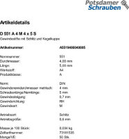 50 Edelstahl V4A Schlitz Gewindestifte DIN 551 A4 M4x5