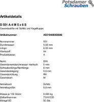 50 Edelstahl V4A Schlitz Gewindestifte DIN 551 A4 M5x6