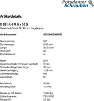 25 Edelstahl V4A Schlitz Gewindestifte DIN 551 A4 M8x30