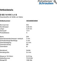 1000 Schlitz Gewindestifte DIN 553 14H Stahl M3x4