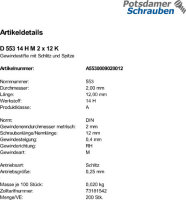 200 Schlitz Gewindestifte DIN 553 14H Stahl M2x12