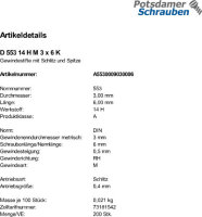 200 Schlitz Gewindestifte DIN 553 14H Stahl M3x6