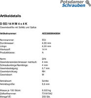 200 Schlitz Gewindestifte DIN 553 14H Stahl M4x4