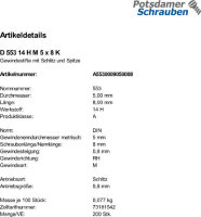 200 Schlitz Gewindestifte DIN 553 14H Stahl M5x8