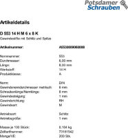 200 Schlitz Gewindestifte DIN 553 14H Stahl M6x8