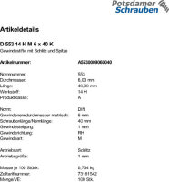100 Schlitz Gewindestifte DIN 553 14H Stahl M6x40