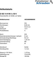 100 Schlitz Gewindestifte DIN 553 14H Stahl M8x50