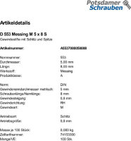 100 Schlitz Gewindestifte DIN 553 Messing M5x8