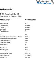 100 Schlitz Gewindestifte DIN 553 Messing M6x6