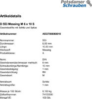 100 Schlitz Gewindestifte DIN 553 Messing M6x10