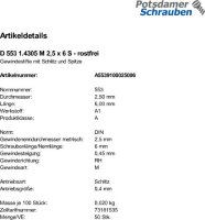 50 Edelstahl A1 Schlitz Gewindestifte DIN 553 1.4305 M2,5x6