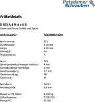 50 Edelstahl V4A Schlitz Gewindestifte DIN 553 A4 M4x6