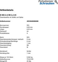 25 Edelstahl V4A Schlitz Gewindestifte DIN 553 A4 M6x6