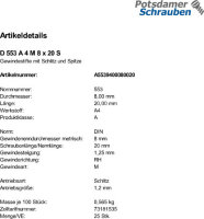 25 Edelstahl V4A Schlitz Gewindestifte DIN 553 A4 M8x20