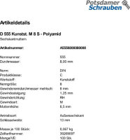 100 Kunststoff Sechskantmuttern DIN 555 Polyamid M8