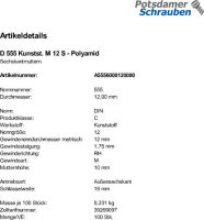 100 Kunststoff Sechskantmuttern DIN 555 Polyamid M12