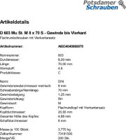 200 Schlossschrauben + Mutter DIN 603 Stahl M8x70 Gewinde...
