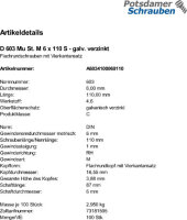 100 Schlossschrauben + Mutter DIN 603 verzinkt M6x110