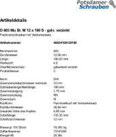 25 Schlossschrauben + Mutter DIN 603 verzinkt M12x180