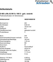 100 Schlossschrauben DIN 603 8.8 verzinkt M8x100