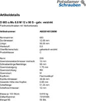 50 Schlossschrauben DIN 603 8.8 verzinkt M12x90