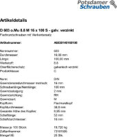 25 Schlossschrauben DIN 603 8.8 verzinkt M16x100