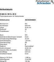 100 Edelstahl V2A Schlossschrauben DIN 603 A2 M8x20