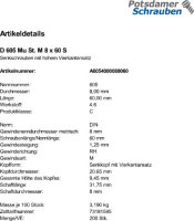 200 Senkschrauben + Mutter DIN 605 Stahl M8x60