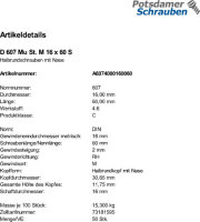 50 Halbrundschrauben + Mutter DIN 607 Stahl M16x60
