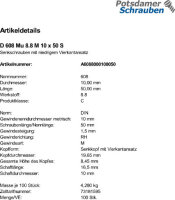 100 Senkschrauben + Mutter DIN 608 8.8 Stahl M10x50