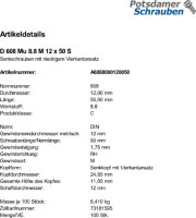 100 Senkschrauben + Mutter DIN 608 8.8 Stahl M12x50