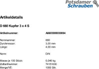 1000 Halbrundnieten DIN 660 Kupfer 3x4