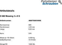 1000 Halbrundnieten DIN 660 Messing 3x8