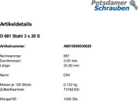 1000 Senknieten DIN 661 Stahl 3x20