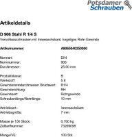 100 Verschlussschrauben DIN 906 Stahl R 1/4
