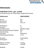100 Verschlussschrauben DIN 906 Stahl R 1/4 verzinkt