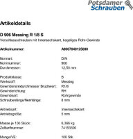 100 Verschlussschrauben DIN 906 Messing R 1/8 Ms