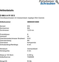 50 Verschlussschrauben DIN 906 A4 R 1/8 V4A Edelstahl