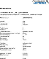 25 Verschlussschrauben DIN 910 Stahl M20x1,5 verzinkt