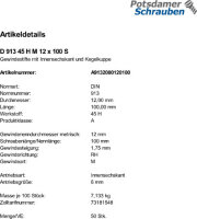 50 Inbus Gewindestifte DIN 913 45H schwarz M12x100