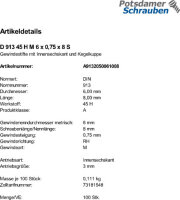 1000 Inbus Feingewinde Gewindestifte DIN 913 45H M6x0,75x8